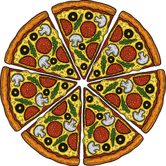 sliced round pizza illustration cartoon style transparent background. Clip art served Italian pizza drawing