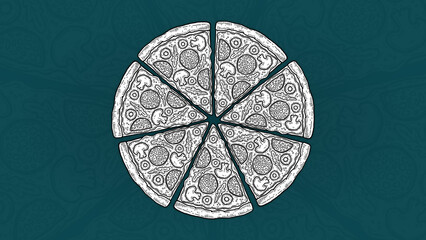 sliced cartoon pizza illustration black and white isolated on blue greengradient background horizontal banner with text area copy space and place for text