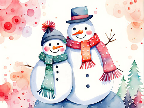 Watercolor funny snowmen couple hugging and standing in the snowfall background