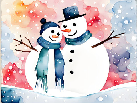 Watercolor painting of cute lovers snowman couple in Christmas time background 