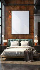 Mock up poster with one frames on the wall in home bedroom interior.3d rendering. Stylish modern interior Vertical photo