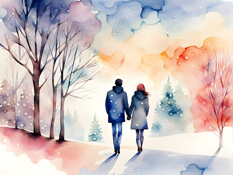 Watercolor couple hand in hand walking in winter landscape background