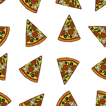 Cartoon pizza slices hand draw illustration seamless texture pattern transparent background wallpaper horizontal banner template