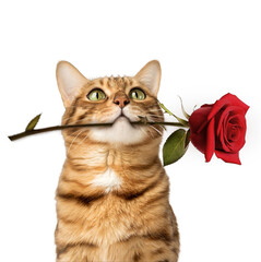 Charming Bengal cat with a rose in his teeth on a transparent background.