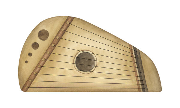 Gusli watercolor illustration. Musical instrument isolated on white background