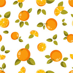 Seamless pattern, whole oranges, halves and orange slices, with green leaves on a white background. Abstract fruit background. Ideal for textile production, wallpaper, posters. Vector illustration
