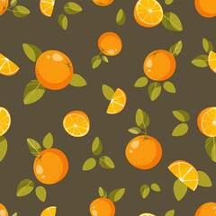 Seamless pattern, whole oranges, halves and orange slices, with green leaves on a dark background. Abstract fruit background. Ideal for textile production, wallpaper, posters, etc. Vector illustration