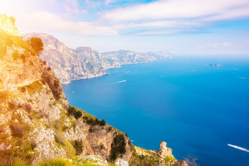 Scenic view of Amalfi coast and Positano town in Italy