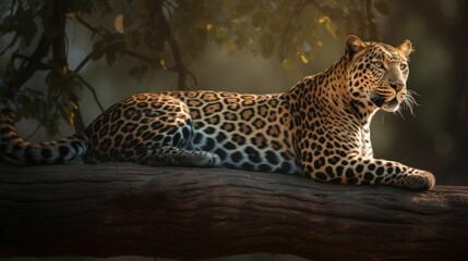 AI-generated illustration of a leopard laying on wood in a forest with a blurry background