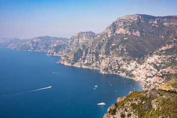 Scenic view of Amalfi coast and Positano town in Italy