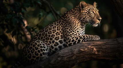 AI-generated illustration of a leopard laying on wood in a forest with a blurry background