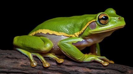 Fototapeta premium AI-generated illustration of a green frog on a wood with a blurry background