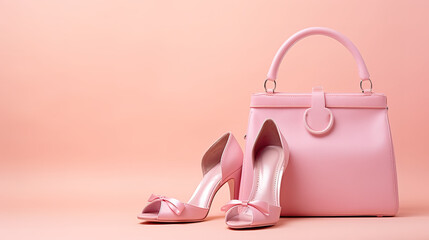 Stylish Pink shoes and handbag with text Space, Spring fashion concept 