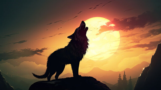 Silhouette Illustration of the Wild Wolf Howling