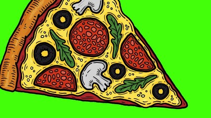 Rolling pizza slice cartoon transition illustration isolated chroma key background horizontal backdrop animation with text area copy space and place for text - Powered by Adobe