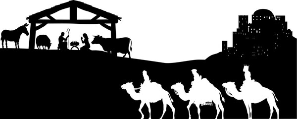 A Christmas nativity scene with baby Jesus in the manger, wise men and city of Bethlehem in the background