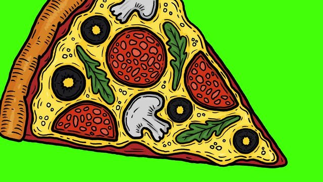 Rolling pizza slice cartoon transition illustration isolated chroma key background horizontal backdrop animation with text area copy space and place for text