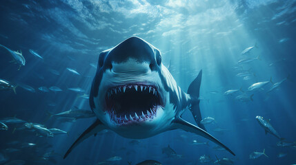Ocean shark bottom view from below. Open toothy dangerous mouth with many teeth. Underwater blue sea waves clear water shark swims forward. Made with genreative ai - obrazy, fototapety, plakaty