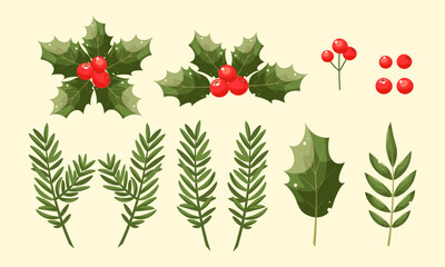 Set of Christmas elements for typographic design. Leaves, spruce branches, red berries. Vector illustration in modern style. Merry christmas celebration clip art. - obrazy, fototapety, plakaty