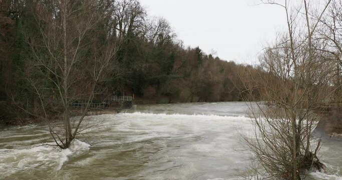 Hochwasser an der Wiese zwischen L&ouml;rrach im S&uuml;dschwarzwald und Basel im Nordwesten der Schweiz

