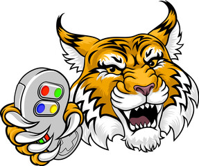A wildcat or bobcat gamer with video game controller sports team animal mascot
