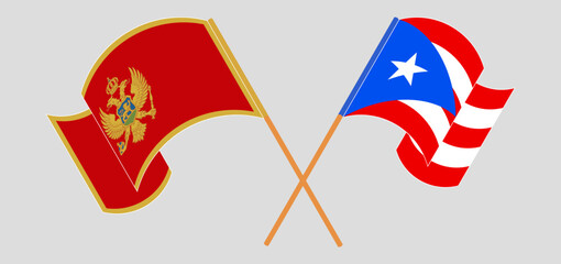 Crossed and waving flags of Montenegro and Puerto Rico