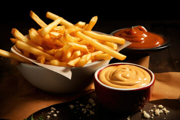 Delicious French Fries with sauce on the plate close up - obrazy, fototapety, plakaty