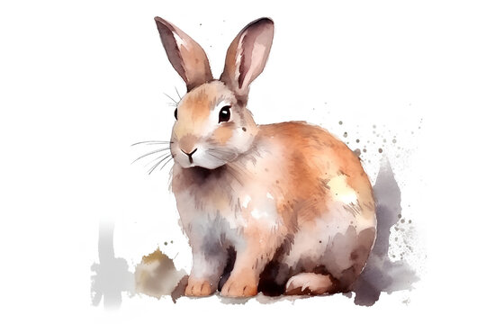 Watercolor portrait of a rabbit with splashes of paint on a white background. AI generated illustration.