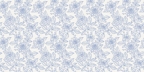 Vintage blue and white floral pattern, elegant vector background, seamless repeating print with hand drawn dahlia flowers, continuous climbing vine wallpaper, delicate feminine design. © Kati Moth