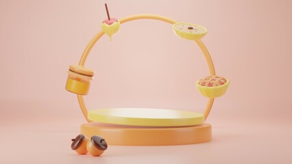 Autumn display podium decoration background with Ingredients according to the autumn season, product display mockup, 3D rendering illustration