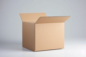 AI-generated illustration of an open cardboard box on a grey background.