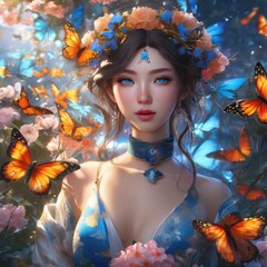 Asian girl in a magical forest surrounded by butterflies