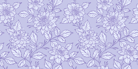 Elegant purple floral vector background with hand drawn dahlia flowers, monochromatic seamless repeat pattern, feminine detailed wallpaper for the spring or summer.