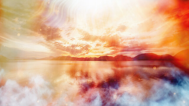 Sunset landscape, lake with beautiful clouds in the background. Light background.