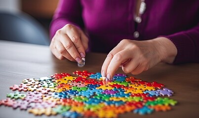 Puzzle Solving: A Woman Assembling Pieces of a Colorful Puzzle