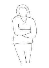 Line art of young entrepreneur woman cross her arm with confident while standing. design element happy smile bussiness woman.