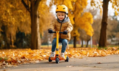Young Boy Riding Scooter Through Autumn Leaves