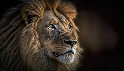 AI generated illustrationof a majestic lion's face against a dark background