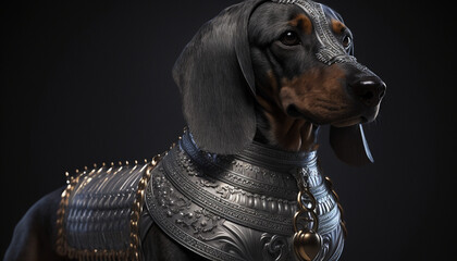 AI generated illustration of A dog wearing an ornate metal armor costume with a spiked collar - obrazy, fototapety, plakaty