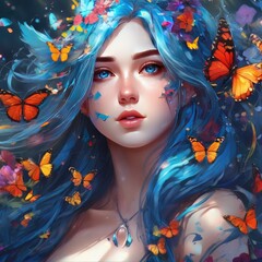A girl with blue hair and eyes in a magical forest surrounded by butterflies.