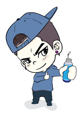 Child In a coat and cap Present the drink in the left hand.