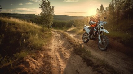 Obraz na płótnie Canvas AI generated illustration of a motorbike traversing a dirt trail, illuminated by the sun