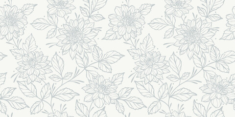 White detailed line art floral vector pattern with hand drawn dahlia illustrations, seamless repeating wallpaper, elegant neutral vintage lace inspired background design.