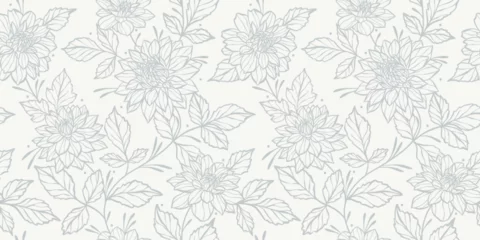 Foto op Canvas White detailed line art floral vector pattern with hand drawn dahlia illustrations, seamless repeating wallpaper, elegant neutral vintage lace inspired background design. © Kati Moth