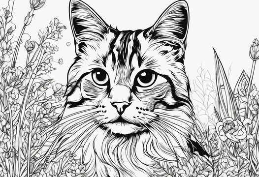 AI generated illustration of a black drawing of a cat on a meadow with a backdrop of wildflowers
