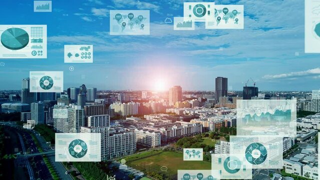 Modern city aerial view and digital documents concept.