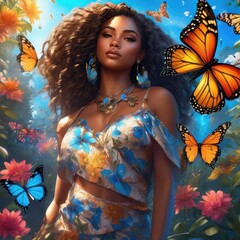 An African-American girl in a magical forest surrounded by butterflies.