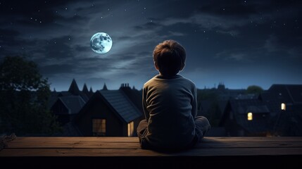 Back of a little boy looking at the moon by the window, child with science knowledge - obrazy, fototapety, plakaty