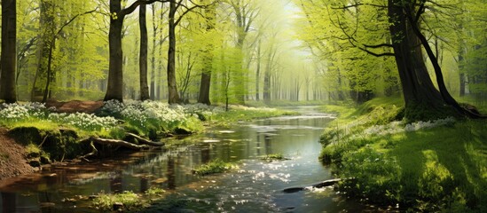 During the spring season a river flows through a forest - obrazy, fototapety, plakaty