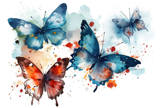 Watercolor butterflies, moths with splashes of paint on a white background. AI generated illustration.